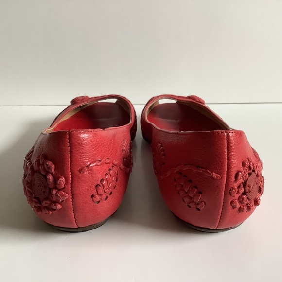 Valentino Garavani Vintage Red  Leather Peep Toe Flats Floral Stitching Sz 7 - Picture 4 of 10